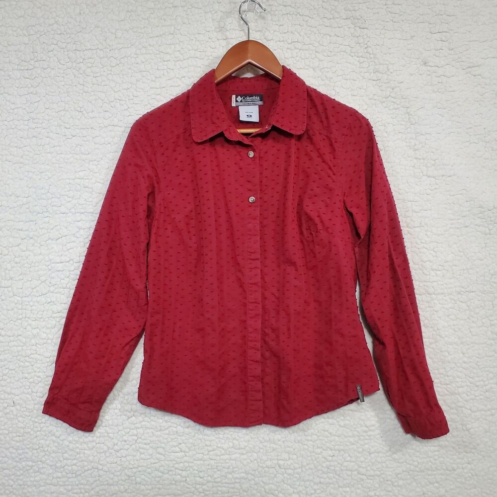 Womens Colombia Long Sleeved Red Shirt w/ Textured Dots Size Med.